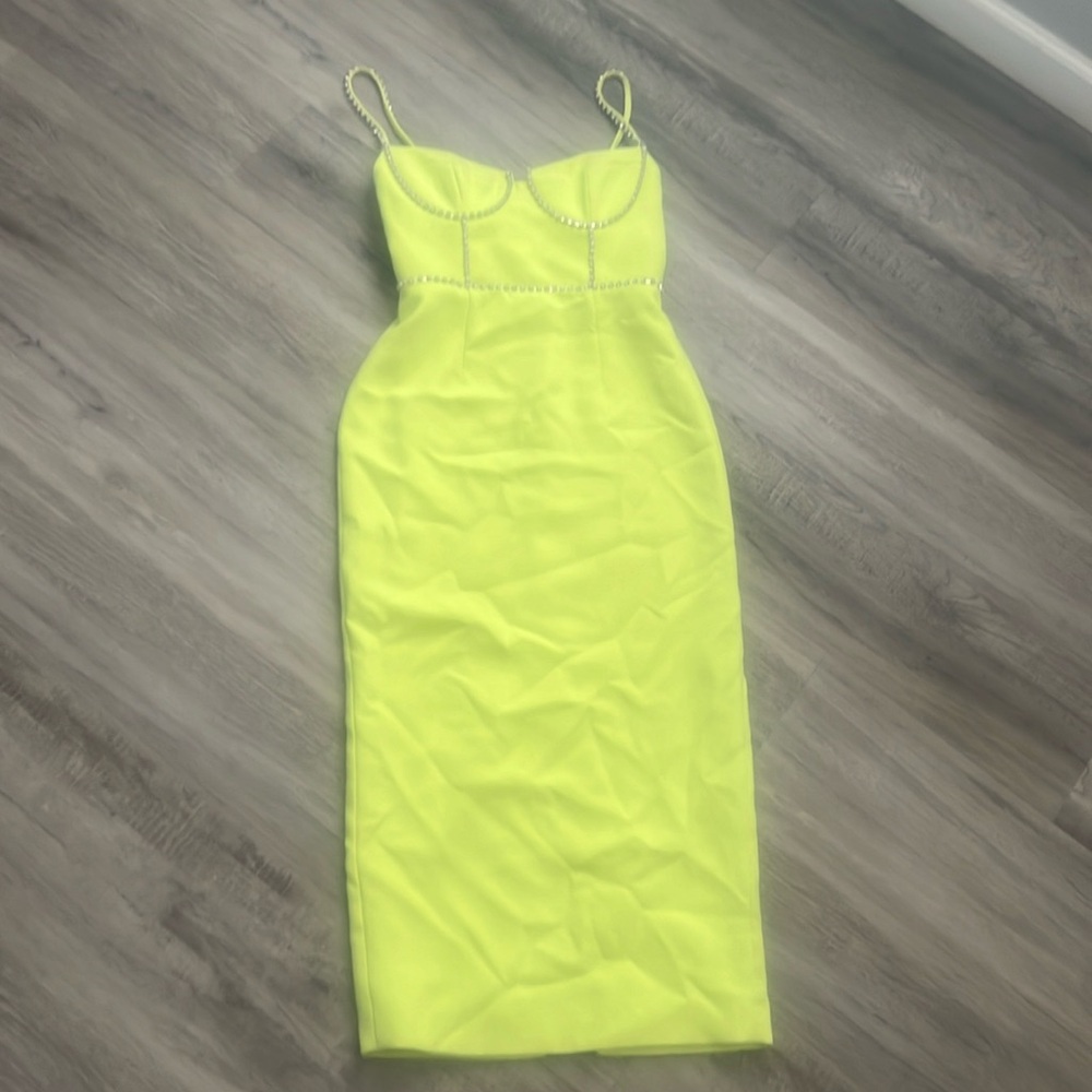 Self-Portrait Neon Yellow Beaded Strap Midi Dress